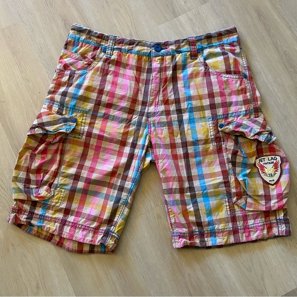 Jetlag Vintage Colorful Plaid 100% Cotton Cargo Shorts size 40